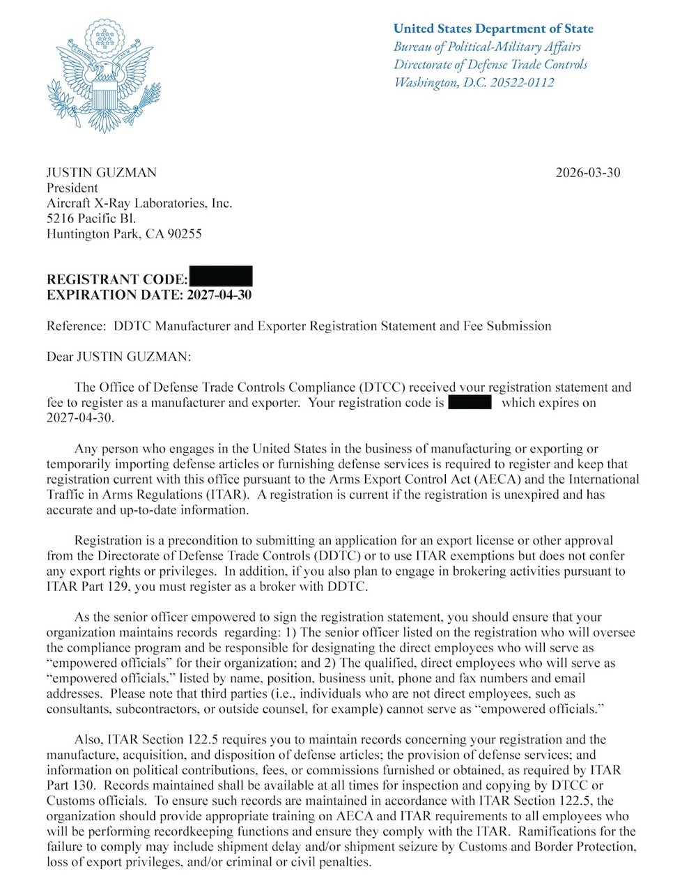 Aircraft X-ray ITAR Certificate 2026-2027